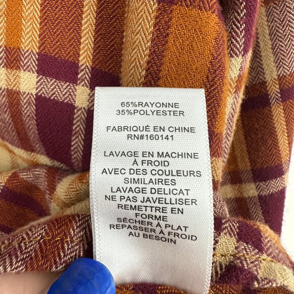 Frye Women's Ruffle Placket Flannel Plaid Top Maroon Gold Yellow Small - Picture 7 of 8